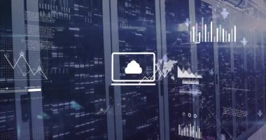 Bilgisayar sunucu odasına karşı veri işleme ve mozaik karelerin animasyonu. Bilgisayar arayüzü ve iş veri depolama teknolojisi kavramı