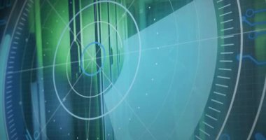 Examining large blueprint, person with radar screen animation in background. Engineering, technology, planning, analysis, design, innovation