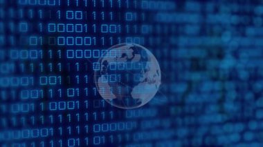 Mavi zemin üzerinde dijital veri işleme ve küre animasyonu. Küresel bilim, bağlantılar, veri işleme ve dijital arayüz kavramı dijital olarak oluşturulmuş video.