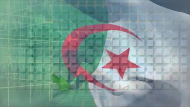 Cezayir bayrağı üzerinde finansal veri işleme ve yeşil hat animasyonu. Küresel iş, finans, veri işleme ve ağ konsepti dijital olarak oluşturulmuş video.