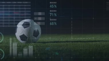 Çimlerin üzerinde futbol topu üzerinde finansal veri işleme animasyonu. Dijital olarak oluşturulan küresel spor ve veri işleme kavramı.