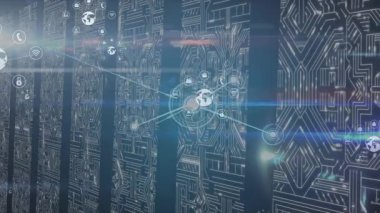 Sunucu odasının üzerinde simgelerle birlikte dünyanın animasyonu. küresel teknoloji ve dijital arayüz kavramı dijital olarak oluşturulmuş video.