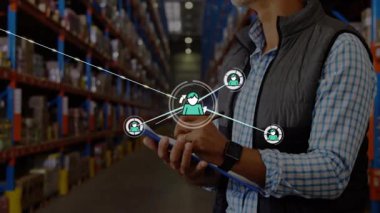 Animation of network of profile icons over caucasian male supervisor checking stock at warehouse. Global networking and transportation business technology concept