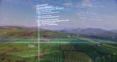 Manzara üzerinde ikili kodlama veri işleme animasyonu. küresel ortam, hesaplama, veri işleme ve dijital arayüz kavramı dijital olarak oluşturulmuş video.