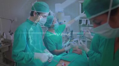 Hastanede ameliyat yapan cerrah ekibinin tıbbi veri işleme animasyonu. Tıbbi sağlık ve teknoloji konsepti