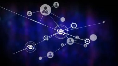 Animation of network of profile and digital icons against blue background. Global networking and business technology concept