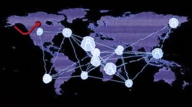 Kırmızı okla dünya haritasında küresel ağ bağlantıları ve veri akışı animasyonu. Bağlantı, teknoloji, dijital, iletişim, yenilik, internet