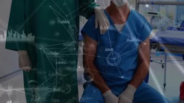 Kafkas erkek doktor üzerinden bağlantı ağının animasyonu. Dijital olarak üretilen covid pandemik konsept sırasında küresel tıp ve dijital arayüz.