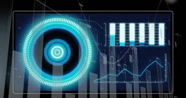 Ekranda veri işleme ve kapsamı animasyonu. Küresel iş, finans, bilgisayar ve veri işleme kavramı dijital olarak oluşturulmuş video.