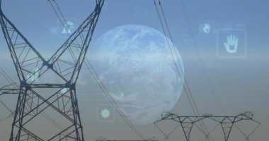 Direkler üzerinde veri işleme ve küre animasyonu. Küresel iş ve dijital arayüz kavramı dijital olarak oluşturulmuş video.