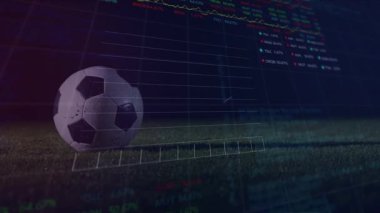 Stadyumdaki futbolcuların bacaklarının ve toplarının üstünde grafiklerin ve verilerin animasyonu. finans, ekonomi, profesyonel spor ve dijital teknoloji konsepti dijital olarak oluşturulmuş video.