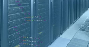 Bilgisayar sunucuları üzerinden veri işleme animasyonu. küresel hesaplama, dijital arayüz ve dijital olarak oluşturulmuş video işleme kavramı.