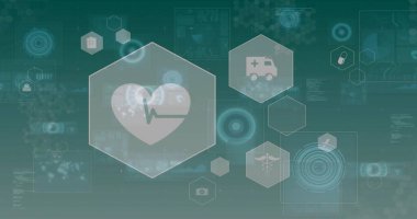 Kalbi EKG ile birlikte gösteren merkezi altıgen görüntüleniyor. Sağlık kontrol panelinde, ambulansta, caduceus 'ta. Ui, arayüz, holografik, yarı saydam, deniz mavisi, dijital, görselleştirme