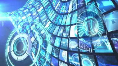 Mavi arkaplandaki ekranlardaki çeşitli veriler üzerinden çemberleri işleme animasyonu. veri işleme ve teknoloji konsepti dijital olarak oluşturulmuş video.