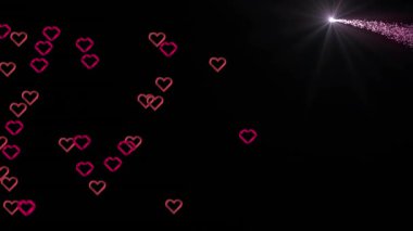 Çoklu kırmızı kalp simgeleri ve kayan yıldızın siyah arka planda canlandırılması. Teknoloji arka plan kavramı