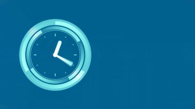 Mavi arka plandaki moleküllerin üzerinde hareket eden saatin animasyonu. Küresel iletişim teknolojisi ve dijital veri paylaşım kavramı dijital olarak oluşturuldu.