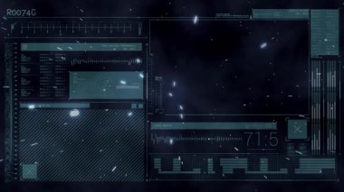 Farklı verilerle siyah dijital ekranda hareket eden ışıkların animasyonu. dijital arayüz, teknoloji ve iletişim konsepti dijital olarak oluşturulmuş video.