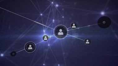 Animation of network of connections with icons and light trails on black background. Global connections, computing and digital interface concept digitally generated video.