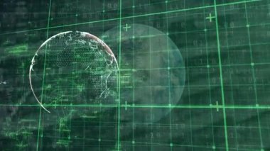 Animation of data processing over globes. Global business and digital interface concept digitally generated video.