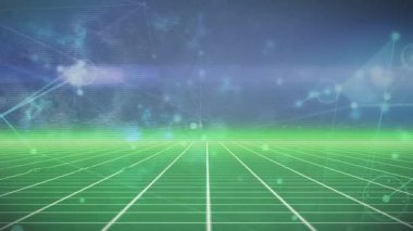 Mavi arkaplan ile yeşil şebeke üzerinden bağlantı ağının animasyonu. Küresel ağ ve iş teknolojisi kavramı