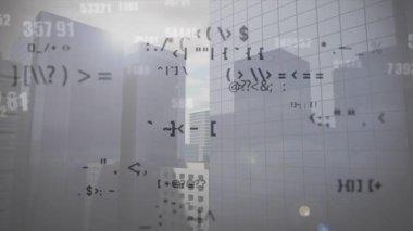 Animation of data processing over cityscape. Global business, finances, computing and data processing concept digitally generated video.