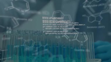 Animation of molecules and data processing over caucasian scientist in lab. global science, computing and digital interface concept digitally generated video.