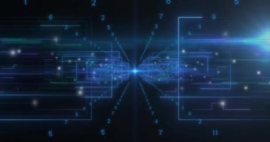 Mavi neon şekiller üzerinde veri işleme animasyonu. İş, teknoloji ve dijital arayüz kavramı dijital olarak oluşturuldu.