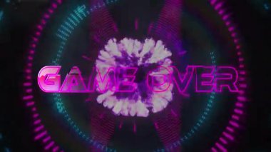 Neon şekiller üzerine metin üzerinden oyunun animasyonu. Dijital olarak oluşturulmuş küresel video oyunu, bilgisayar ve veri işleme kavramı.