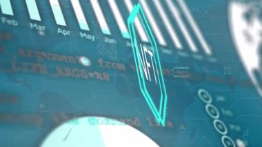 Veri işleme üzerinde nft metin animasyonu. Küresel iş ve dijital arayüz kavramı dijital olarak oluşturulmuş video.