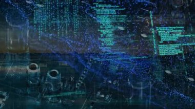 Anakart üzerinde veri işleme, ışık ve parıltı animasyonu. Dijital olarak oluşturulan küresel veri işleme ve teknoloji konsepti.