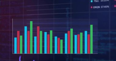 Finansal veriler gösteriliyor, renkli bar grafiği animasyonda hisse senedi performansını gösteriyor. Finans, analitik, yatırım, büyüme, görselleştirme, ekonomi