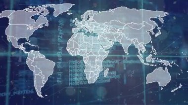 Dünya haritasının kara arka plandaki veri işleme üzerine animasyonu. Küresel teknoloji, bilgisayar ve dijital arayüz kavramı dijital olarak oluşturulmuş video.