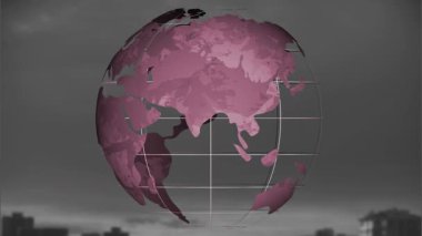 Animation of spinning globe over cityscape. Global business and digital interface concept digitally generated video.