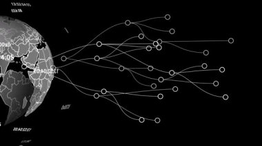 Siyah arkaplanda dünya ile veri işleme üzerinden bağlantı ağının animasyonu. Küresel teknoloji ve dijital arayüz konsepti dijital olarak oluşturulmuş video.