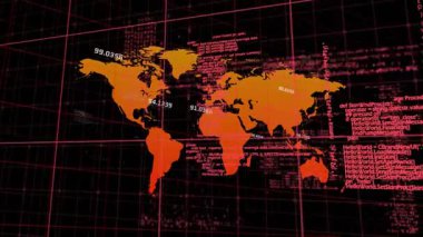Kara arkaplanda dünya haritasıyla şebeke üzerinden veri işleme animasyonu. Bilgisayar arayüzü ve iş teknolojisi kavramı