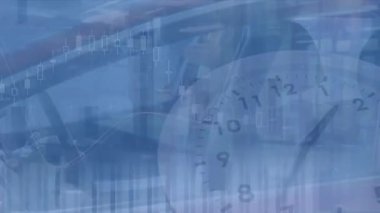 Animation of clock, data processing over people walking. Global business, finance, connections, computing and data processing concept digitally generated video.