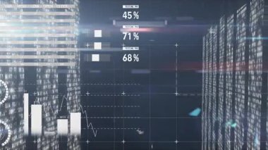 Animation of data processing over multiple screens with mosaic squares against blue background. Computer interface and business technology concept