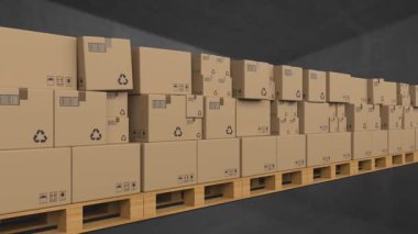 Tahta paletler üzerinde hareket eden karton kutuların animasyonu. küresel sevkiyat, lojistik ve bağlantılar konsepti dijital olarak oluşturulmuş video.