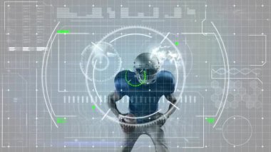 Animation of data processing against african american male rugby player holding a rugby ball. Computer interface and sports technology concept