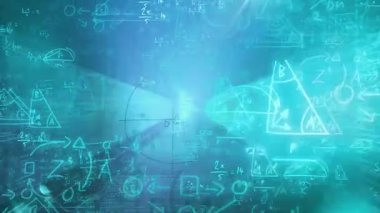 Teal ışığı çekiliyor ve kamera koridor şekillerinde sürükleniyor. Matematiği gösteren formüllerle birleşiyor. Gelecekçi, yenilikçi, dijital, eğitici, geometrik, deneysel, dinamik