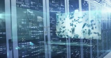 Bilgisayar sunucuları üzerinde tıbbi veri işleme animasyonu. Küresel hesaplama, bağlantılar, veri işleme ve dijital arayüz kavramı dijital olarak oluşturulmuş video.