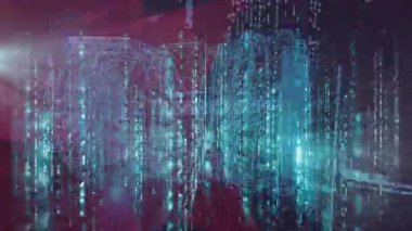Veri işleme üzerinde dönen metazır şehrin animasyonu. Dijital olarak oluşturulan küresel çevrimiçi hesaplama teknolojisi ve veri işleme konsepti.