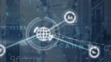 Bir sunucu odasındaki bağlantı ağıyla dijital bir arayüz. Küresel bağlantılar.