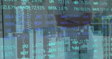 Animation of financial data processing over female doctor. Global medicine, healthcare sevices, business, finance and data processing concept digitally generated video.