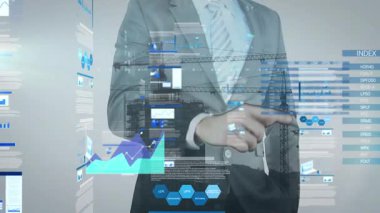 Animation of data processing over caucasian businessman. Global technology, computing and digital interface concept digitally generated video.