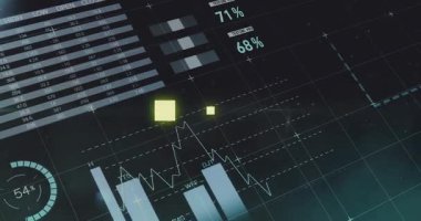 Siyah arka planda titreşen parlak sarı kare şekiller üzerinde istatistiksel veri işleme. İş analizleri ve veri teknolojisi kavramı