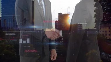 İş adamı tokalaşması üzerinden veri işleme animasyonu. İş seyahati ve teknoloji kavramı.