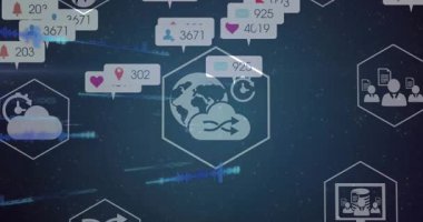 Siyah arkaplan üzerinde veri işleme ve ortam simgelerinin canlandırılması. Küresel iş ve dijital arayüz kavramı dijital olarak oluşturulmuş video.