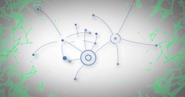 Mavi daire birleşen düğümler ve büyüyen yeşil şekillerle ağ büyümesini başlatıyor. Bağlantı, yenilik, teknoloji, veri, görselleştirme, soyut, dijital