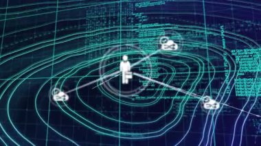 Üç boyutlu dijital manzara üzerindeki simgelerle bağlantı ağının animasyonu. küresel bağlantılar, veri işleme ve dijital arayüz konsepti dijital olarak oluşturulmuş video.